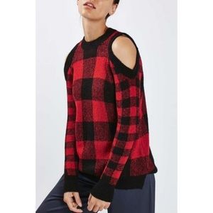 Red Plaid Cold Shoulder Sweater